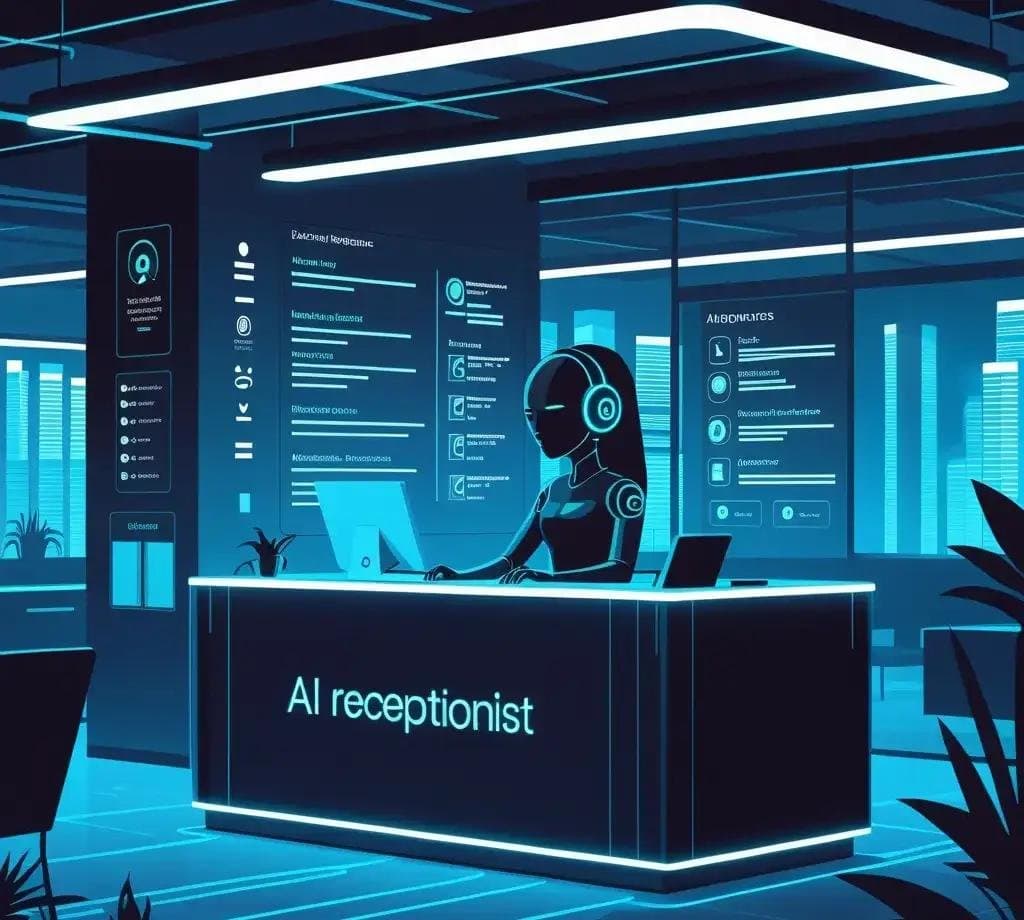 Illustration of a futuristic front desk with a glowing screen labelled “AI receptionist”