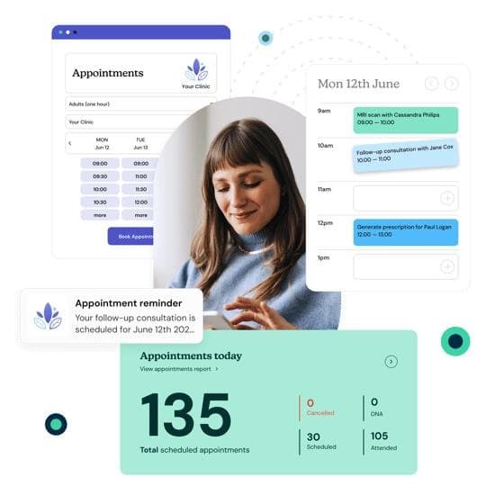 An appointment-scheduling dashboard with a client profile, a calendar of visits and a reminder notification