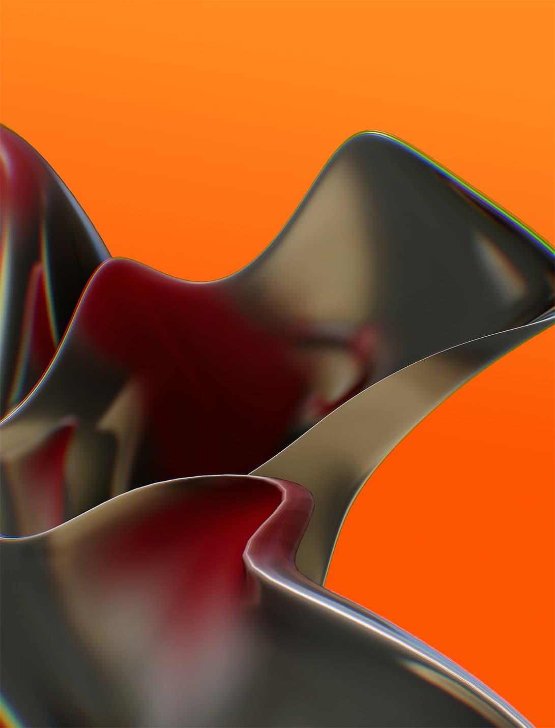 Abstract glossy red and grey folded shapes against a bright orange background