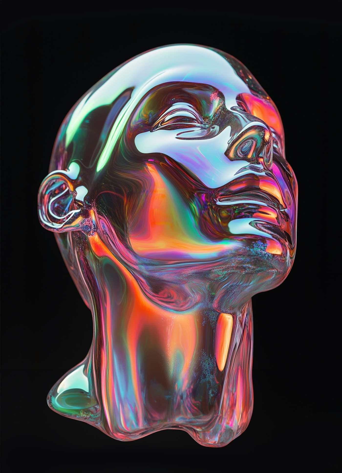A sculpted head bust with an iridescent, holographic finish against a black background
