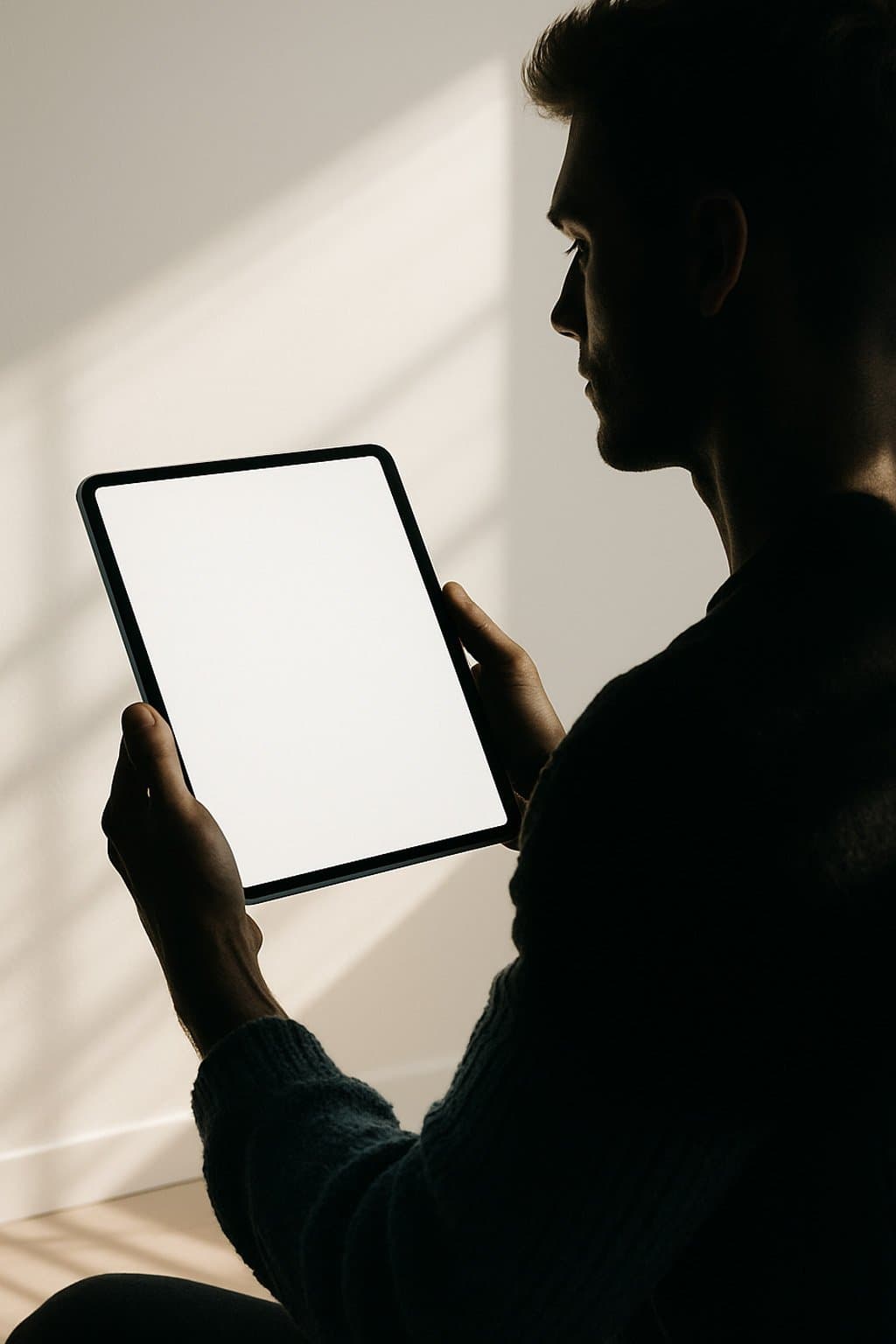 A person holding a tablet with a blank white screen in a softly lit studio