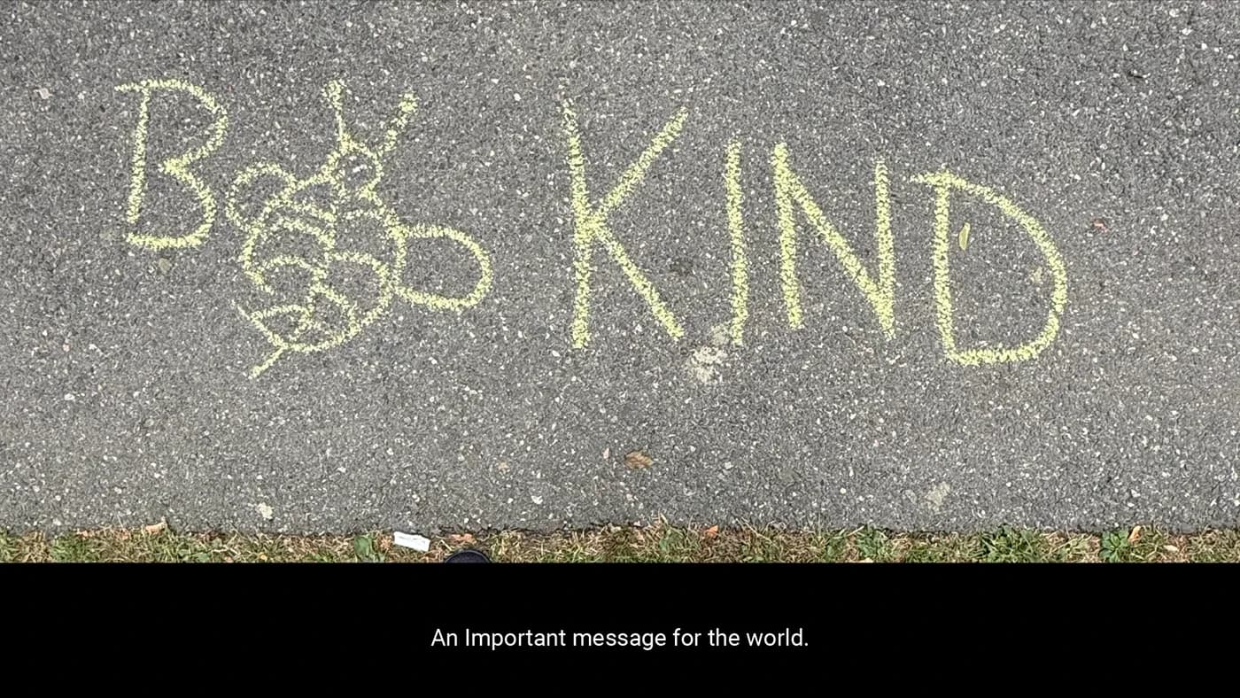 Chalk drawing of a bee beside the word Kind on asphalt