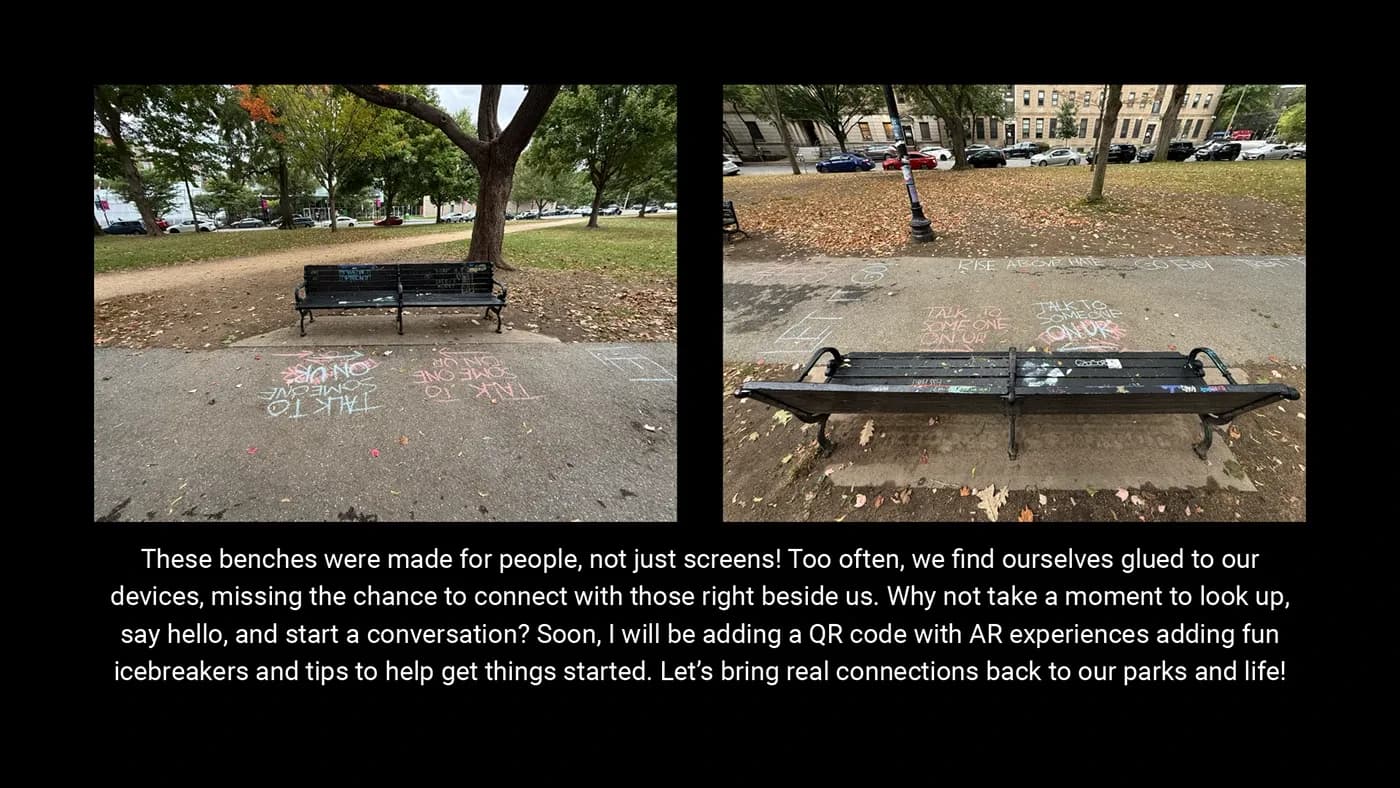 Park benches with chalk prompts to put screens down and talk