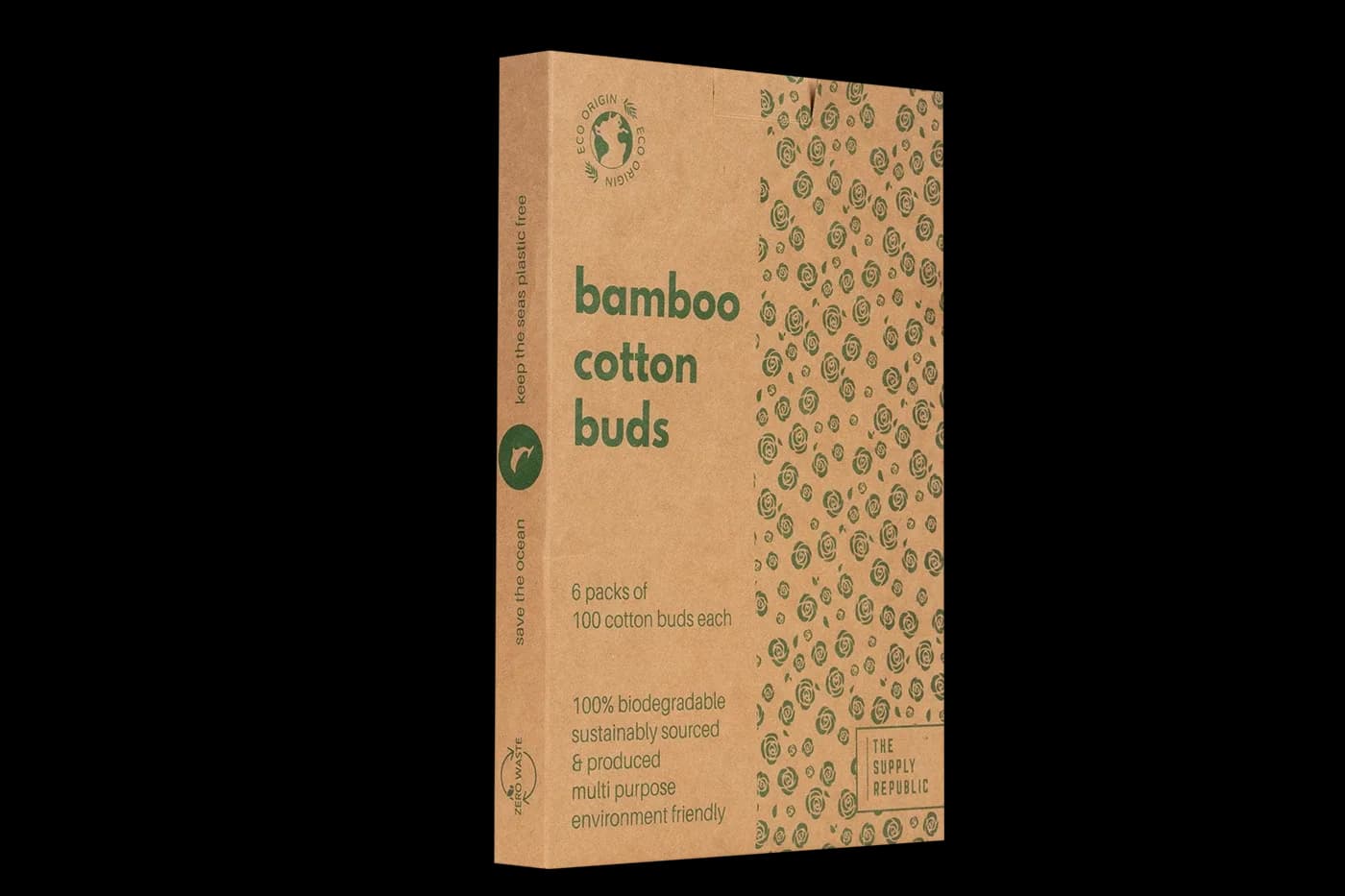 Kraft bamboo cotton buds box with green rose pattern, on black