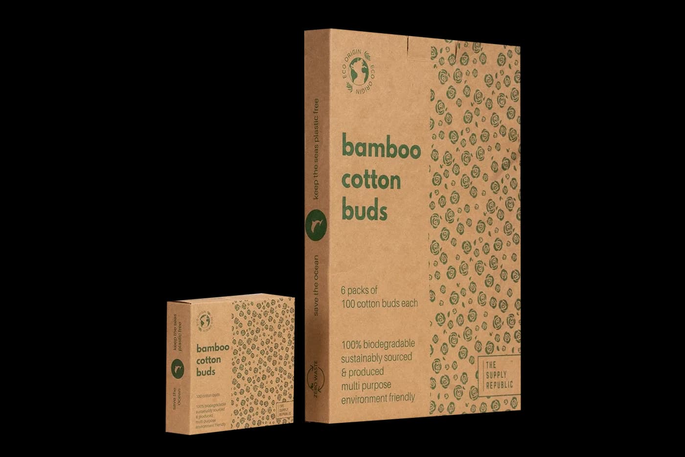 Large six-pack box beside a single small box of cotton buds