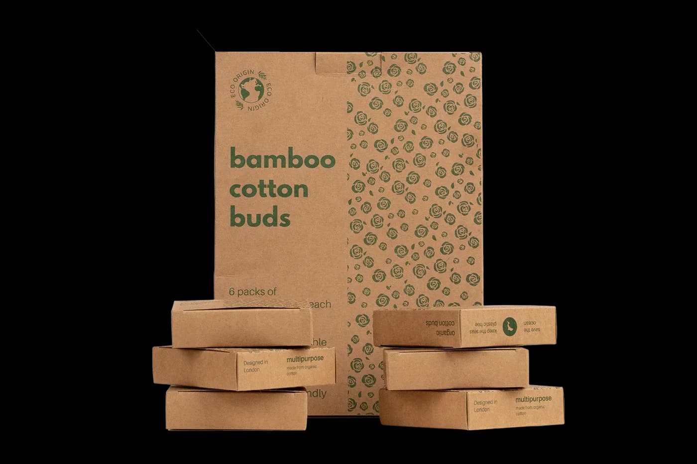 Six-pack box behind stacked individual cotton bud boxes