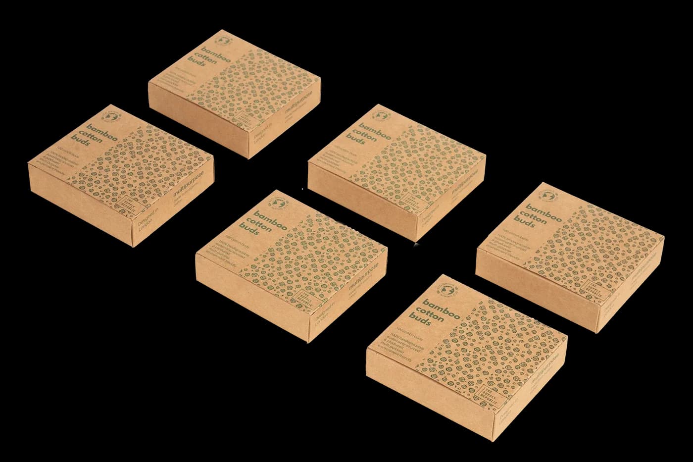 Six kraft cotton bud boxes arranged on black