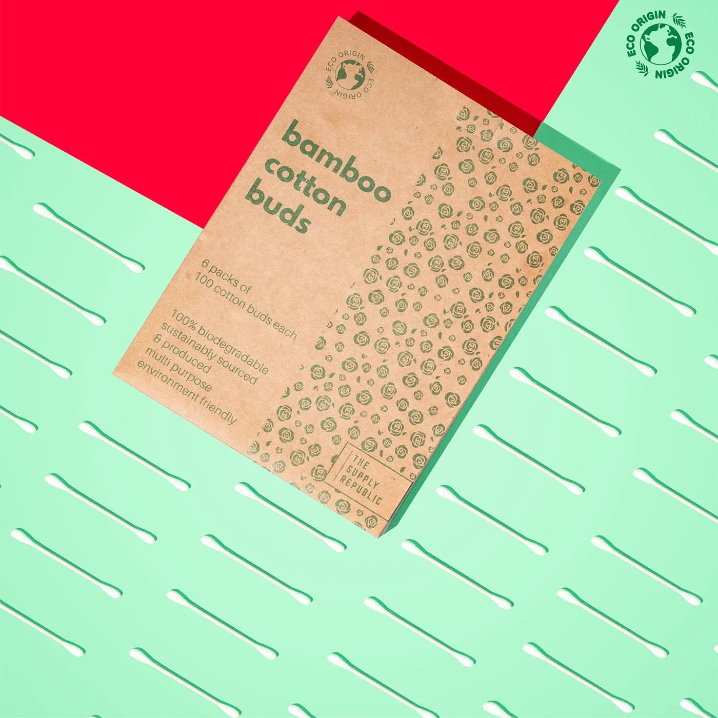 Listing image of the box on a mint cotton bud pattern