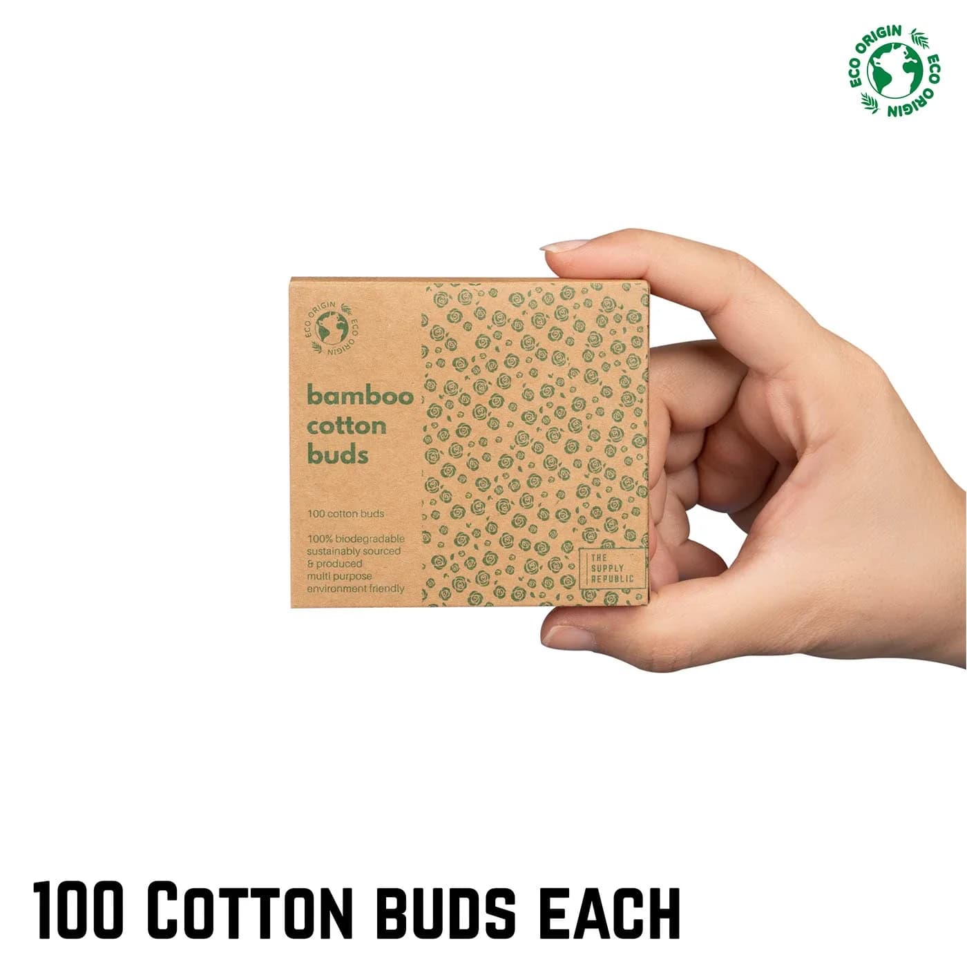 Listing image: hand holding a box, 100 cotton buds each