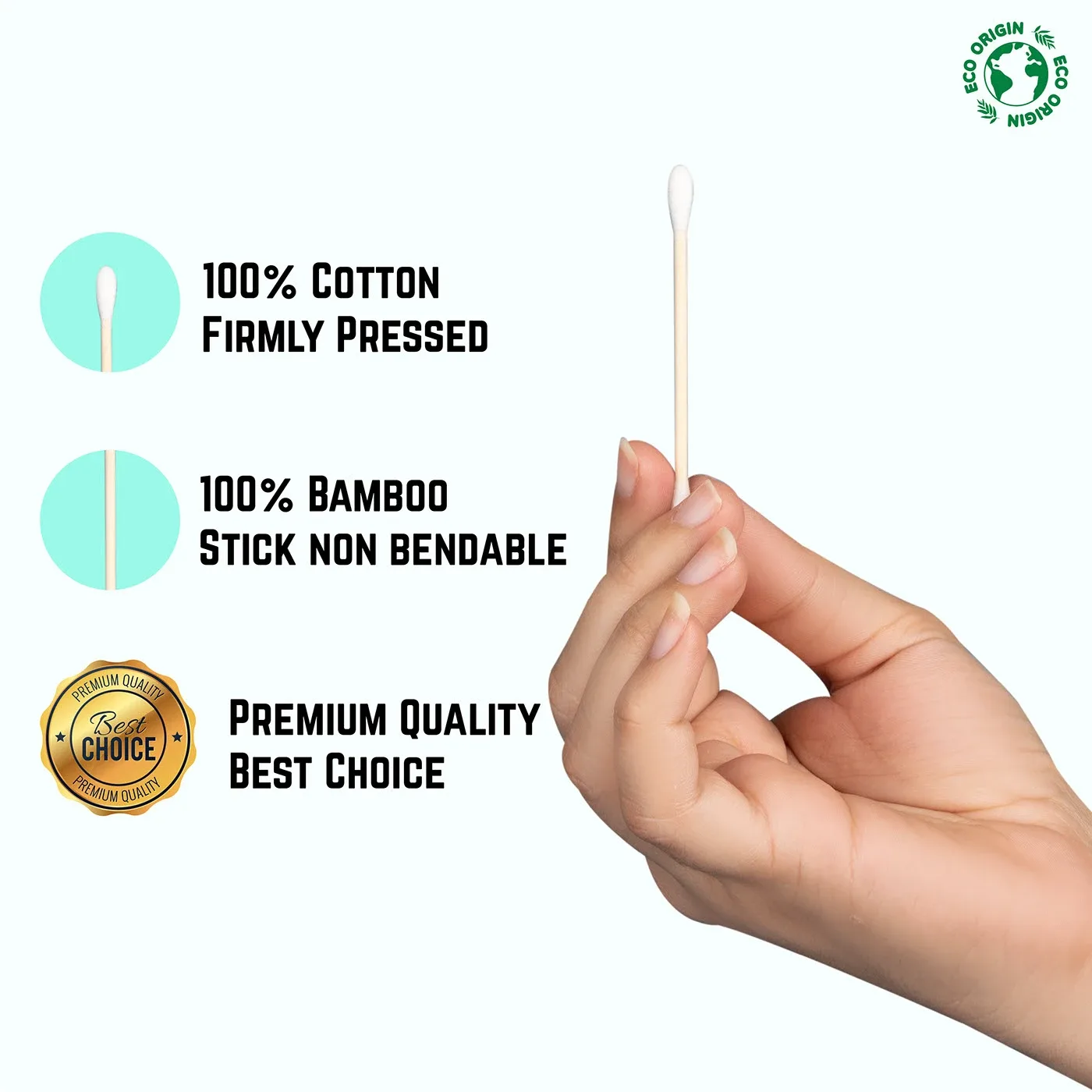 Feature infographic: 100% cotton, 100% bamboo, premium quality
