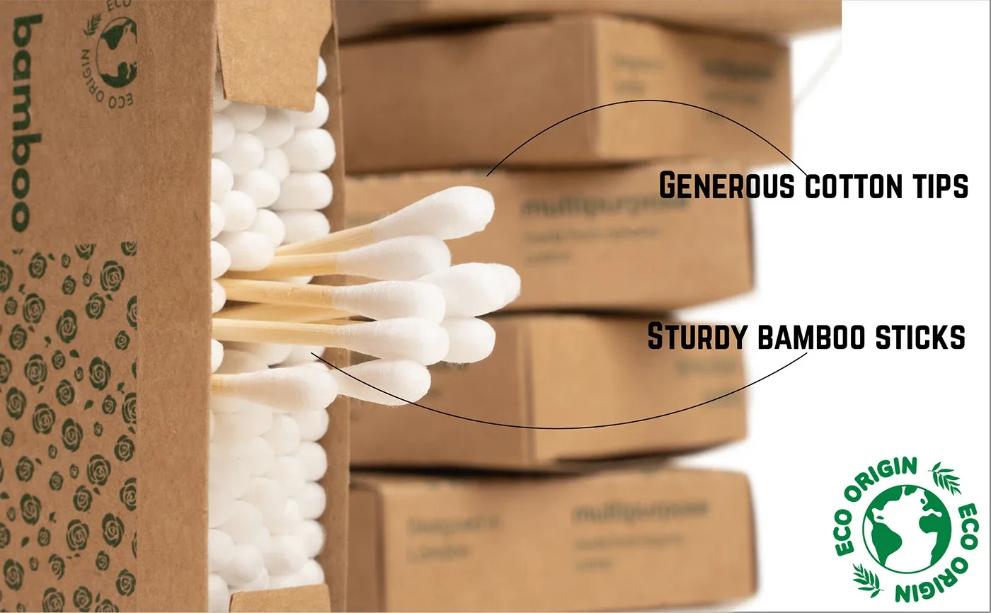 Close-up callouts: generous cotton tips, sturdy bamboo sticks