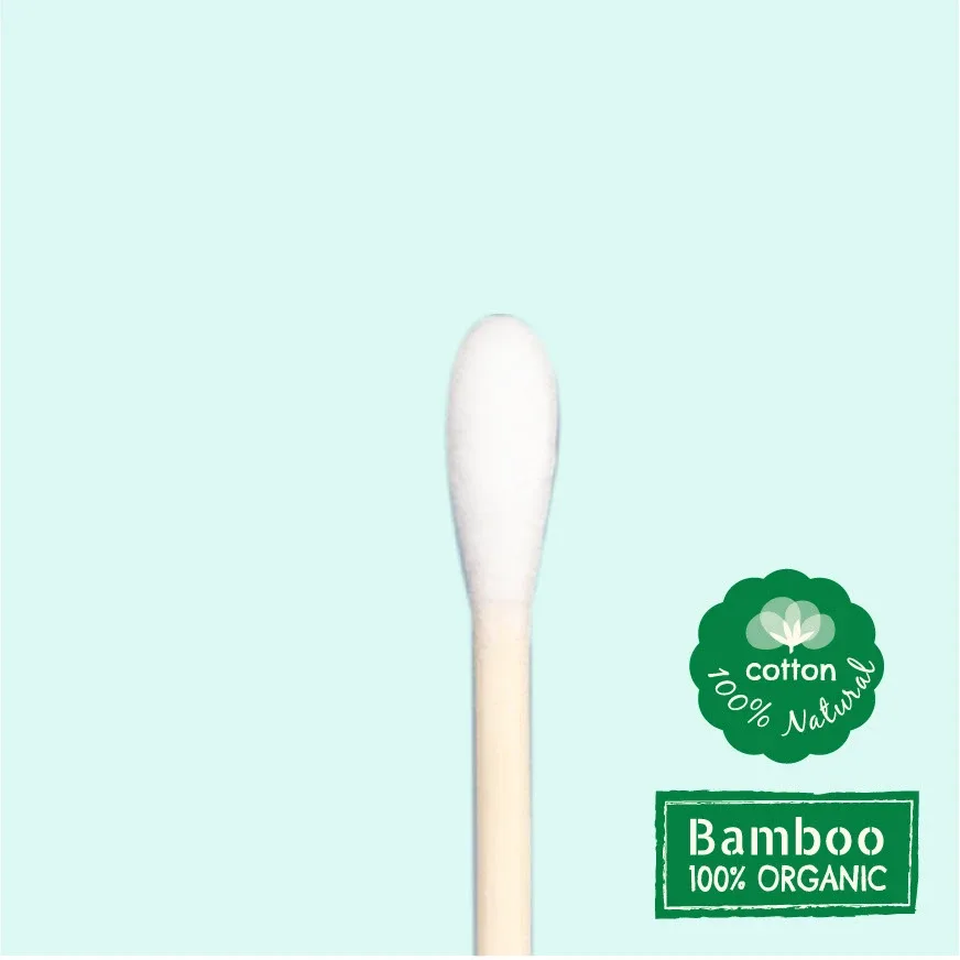 Cotton bud tip with 100% natural cotton and organic bamboo badges