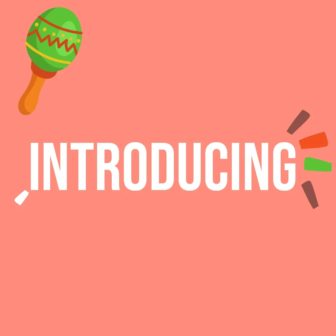"Introducing" teaser post with a maraca and confetti marks on coral