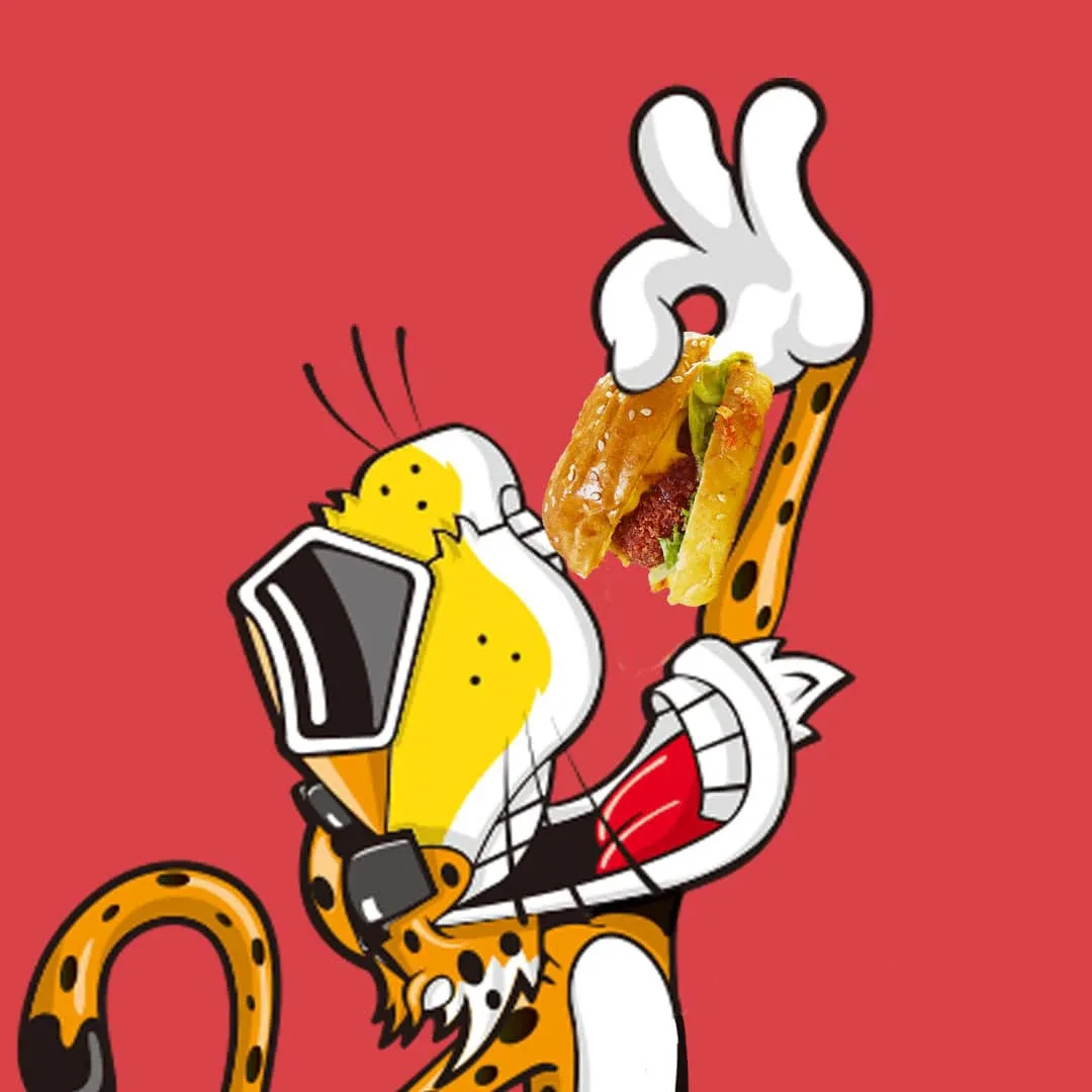 Cartoon cheetah mascot holding a slider burger on a red background