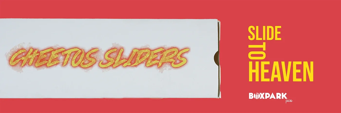 Wide banner of a Cheetos Sliders box beside "Slide to Heaven" text