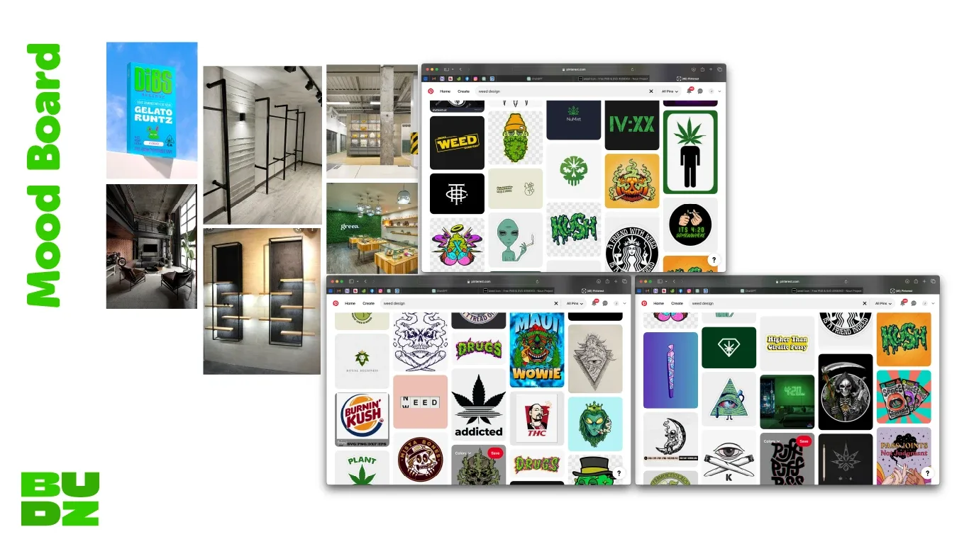 Budz mood board of dispensary interiors and a grid of cannabis logos
