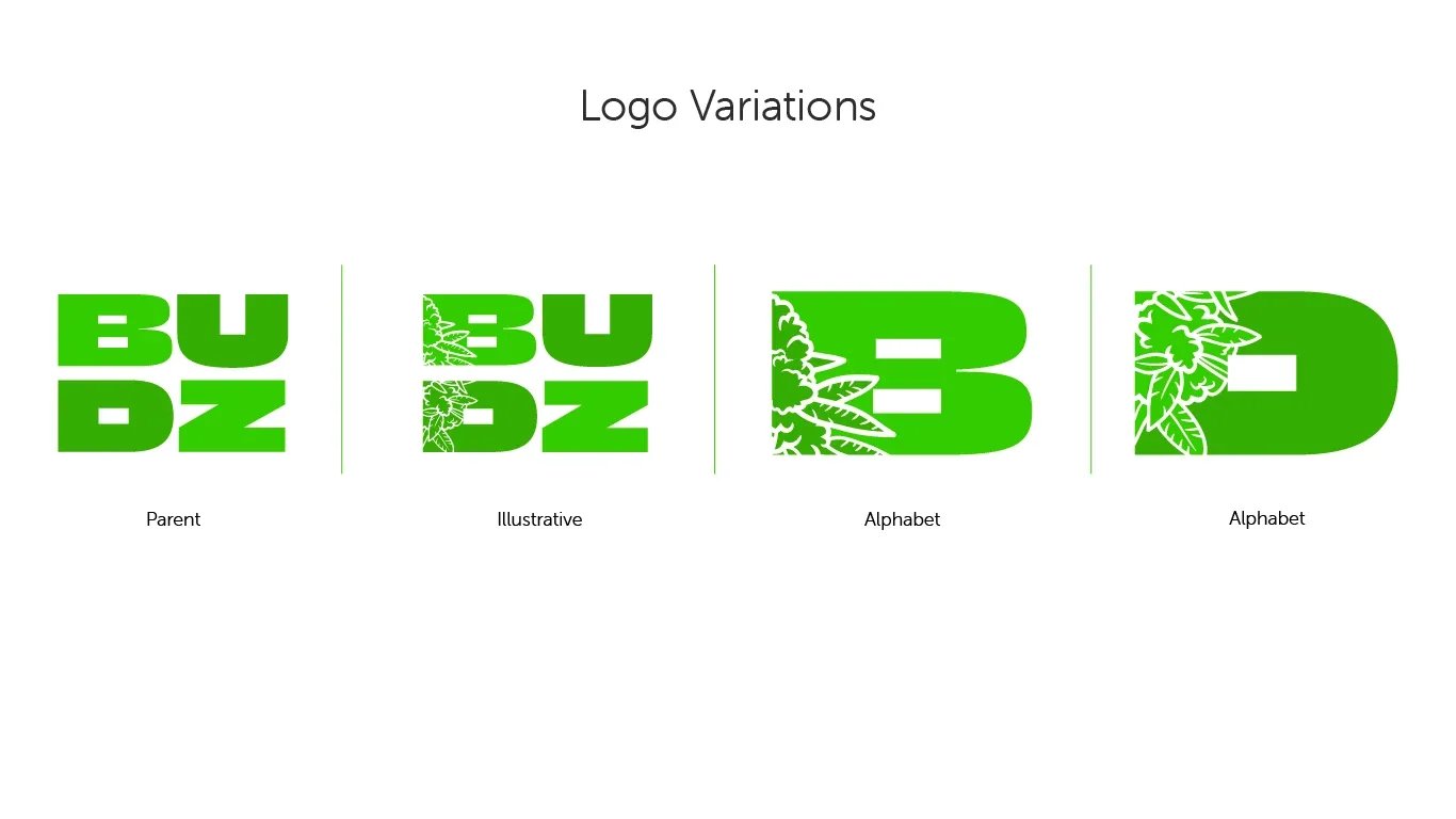 Stacked Budz logo variations: parent, illustrative, and single-letter B and D marks