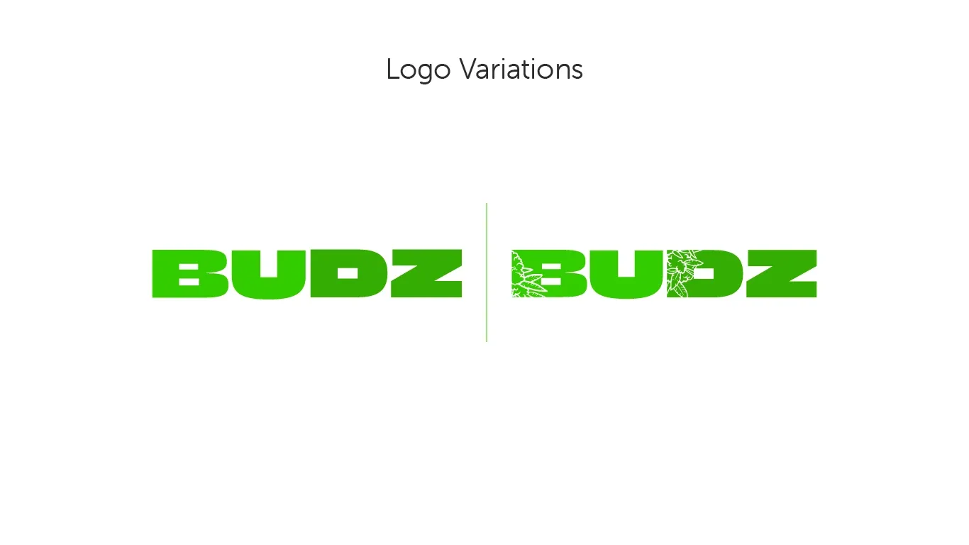 Horizontal Budz wordmark shown plain and with bud illustration in the letters