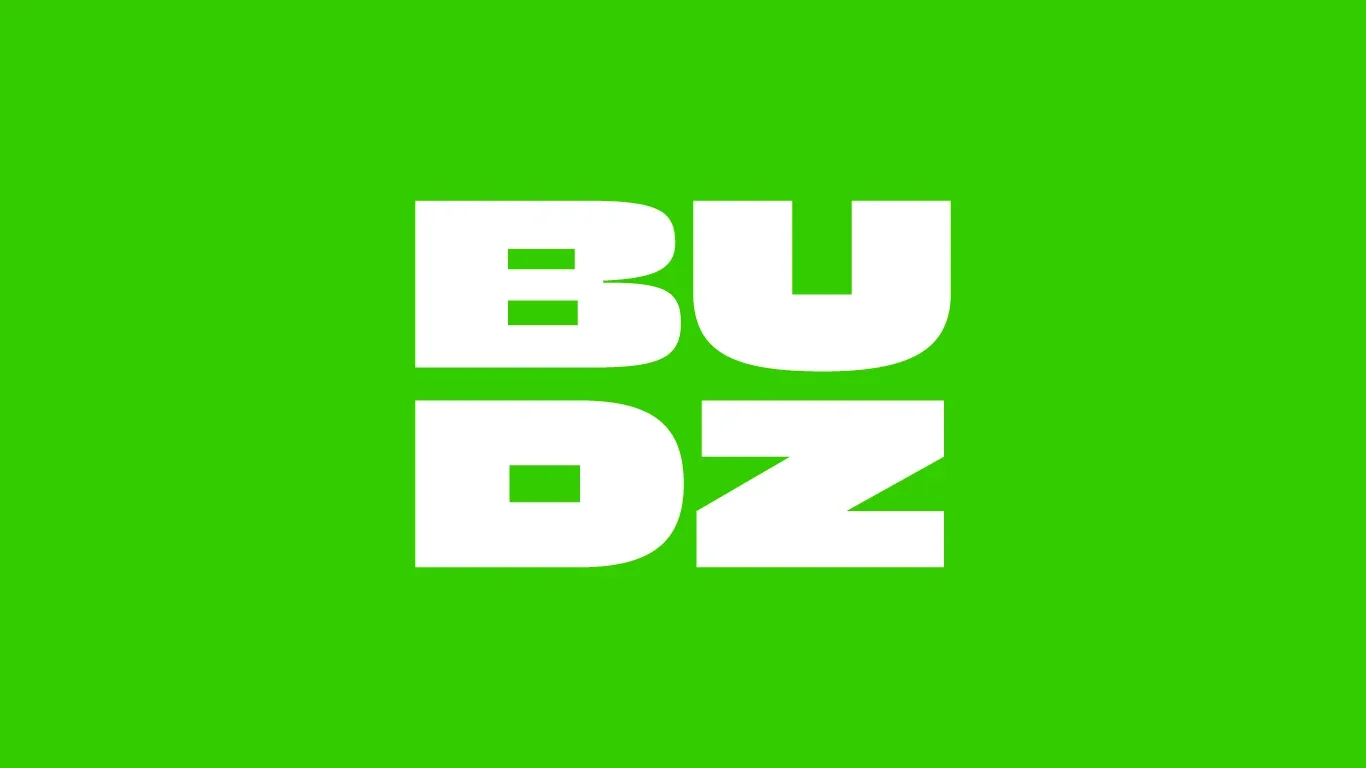 Stacked white BU DZ logo on bright green