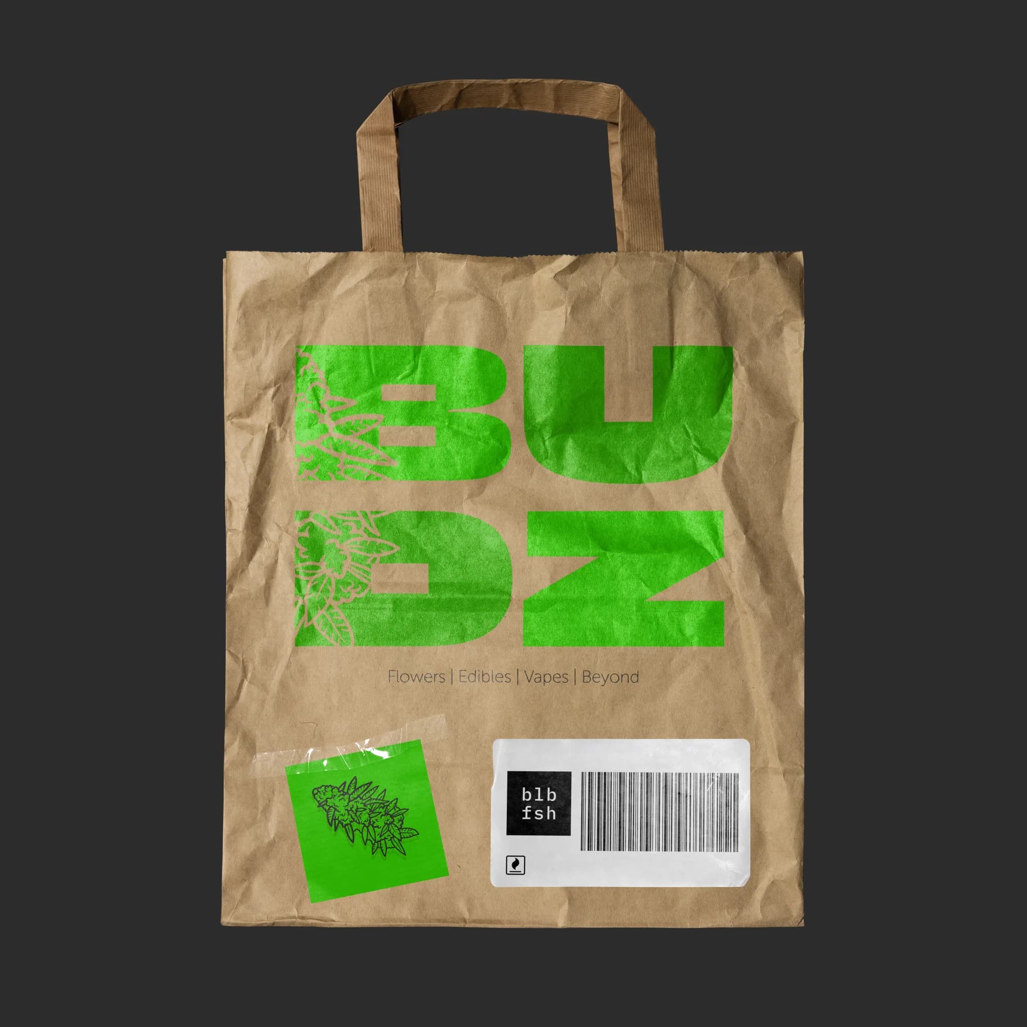 Kraft paper shopping bag with green Budz logo, sticker and barcode label