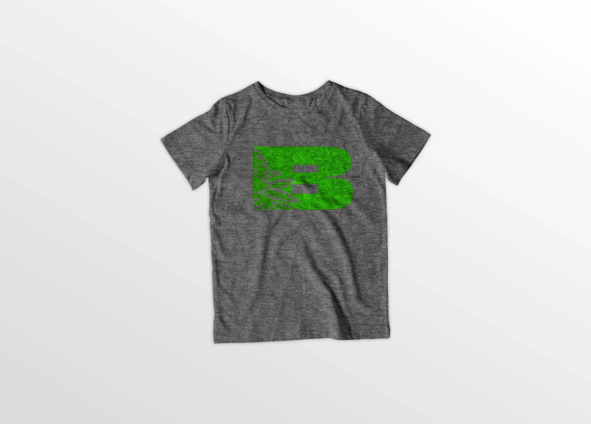 Heather gray T-shirt with a large green illustrated B mark