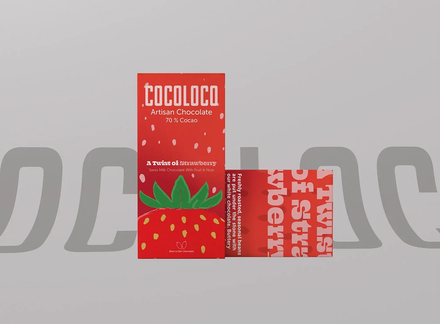 CocoLoco wrapper front and back standing before a large gray wordmark