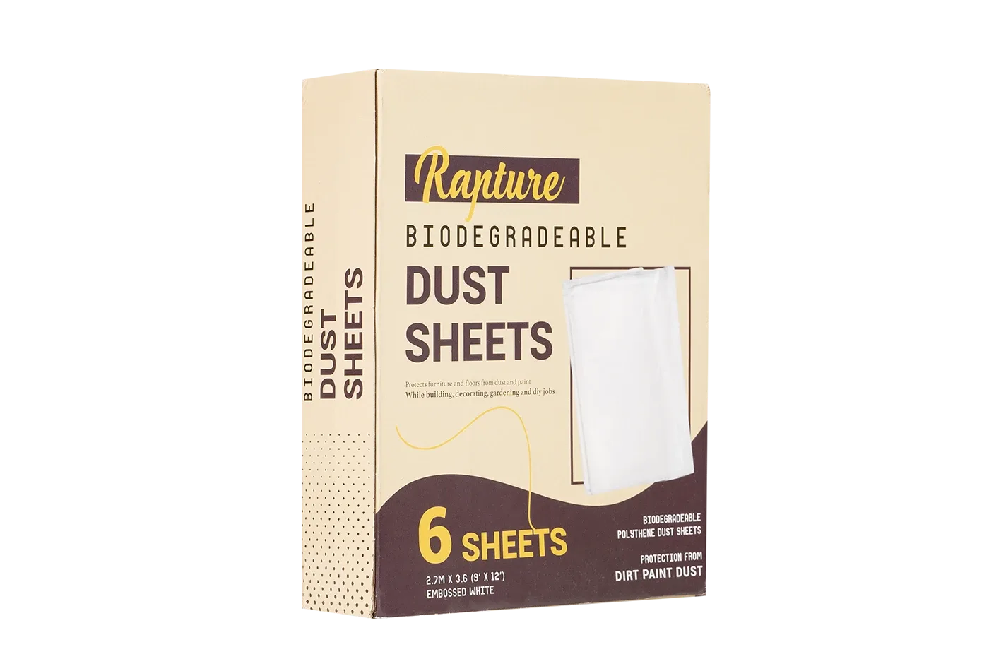 Angled view of the cream and brown Rapture dust sheets box