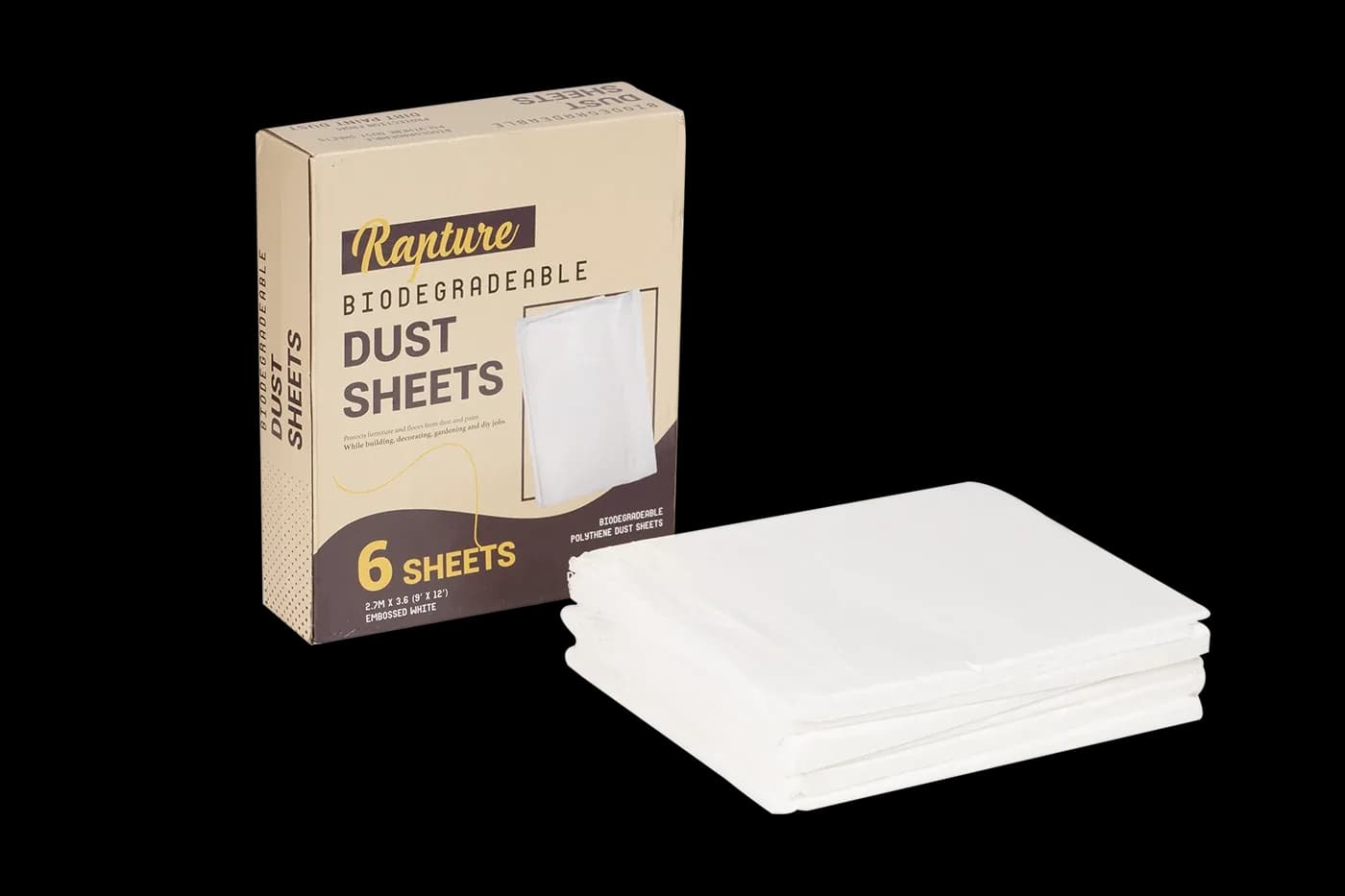Rapture dust sheets box beside a stack of folded sheets