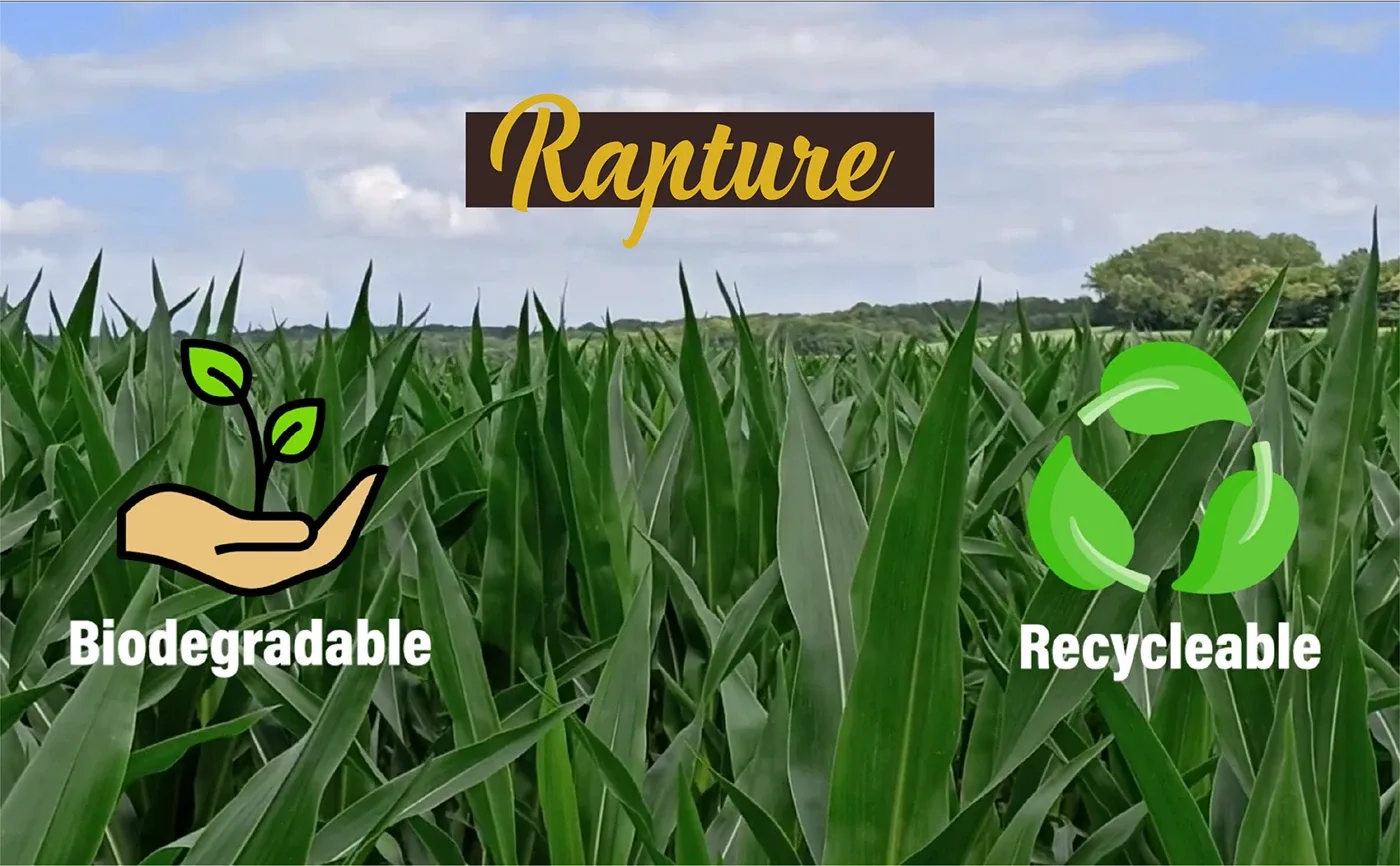 Footer banner: Rapture, biodegradable and recyclable over a crop field
