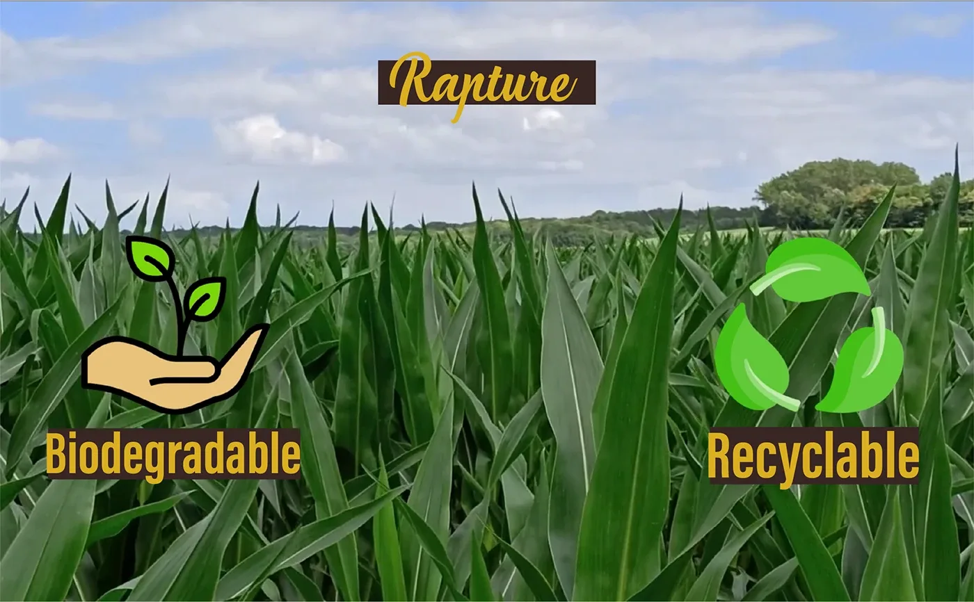 Alternate footer banner with gold biodegradable and recyclable labels