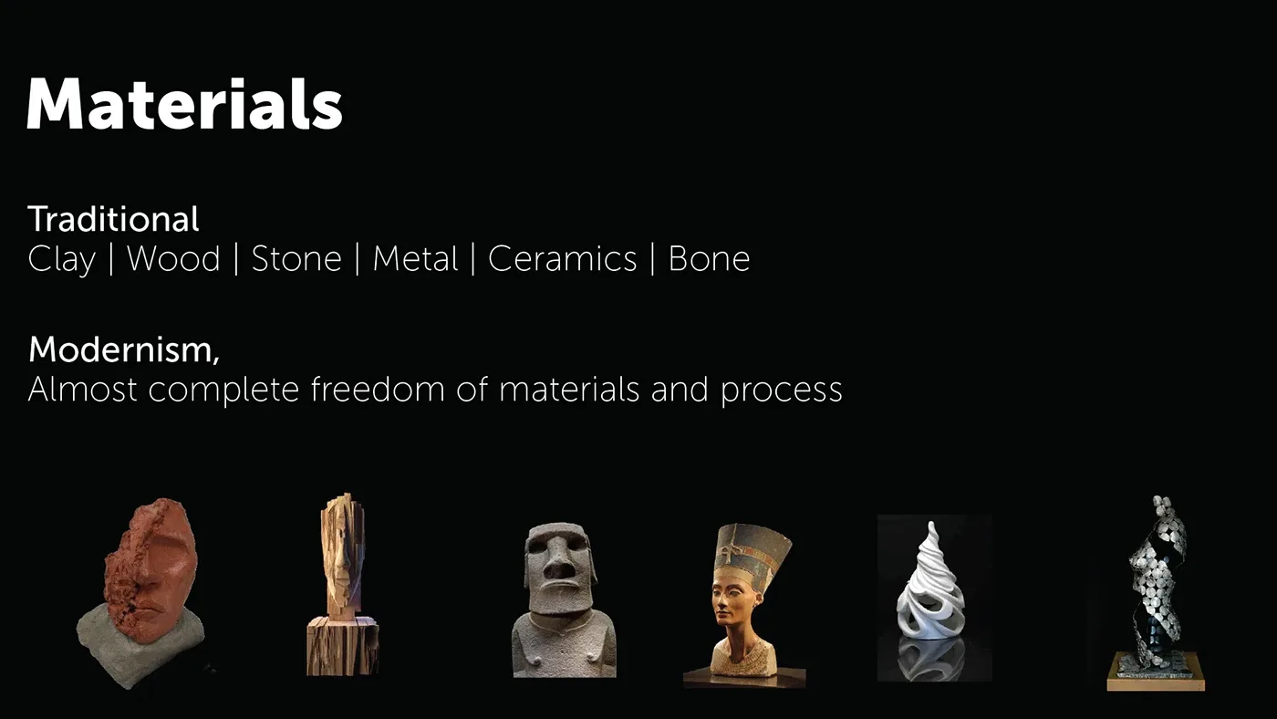 Materials slide showing sculptures in clay, wood, stone and metal