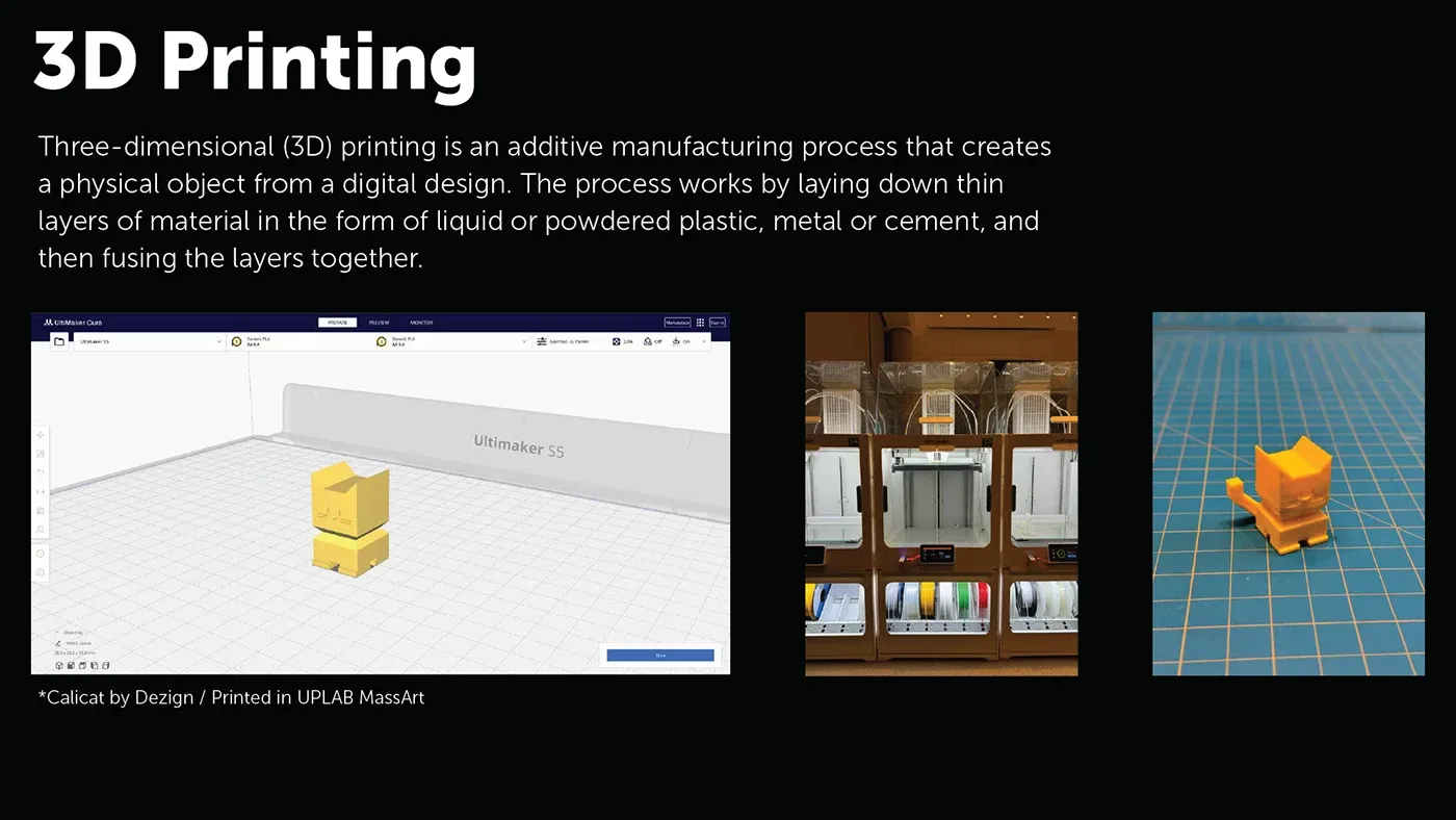 Slide on 3D printing with a printed yellow cat figure