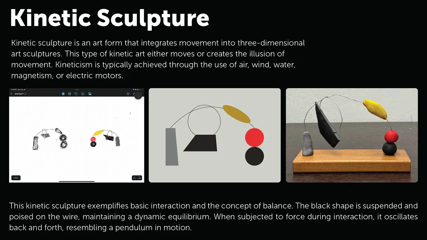 Slide on kinetic sculpture with sketches and the finished piece