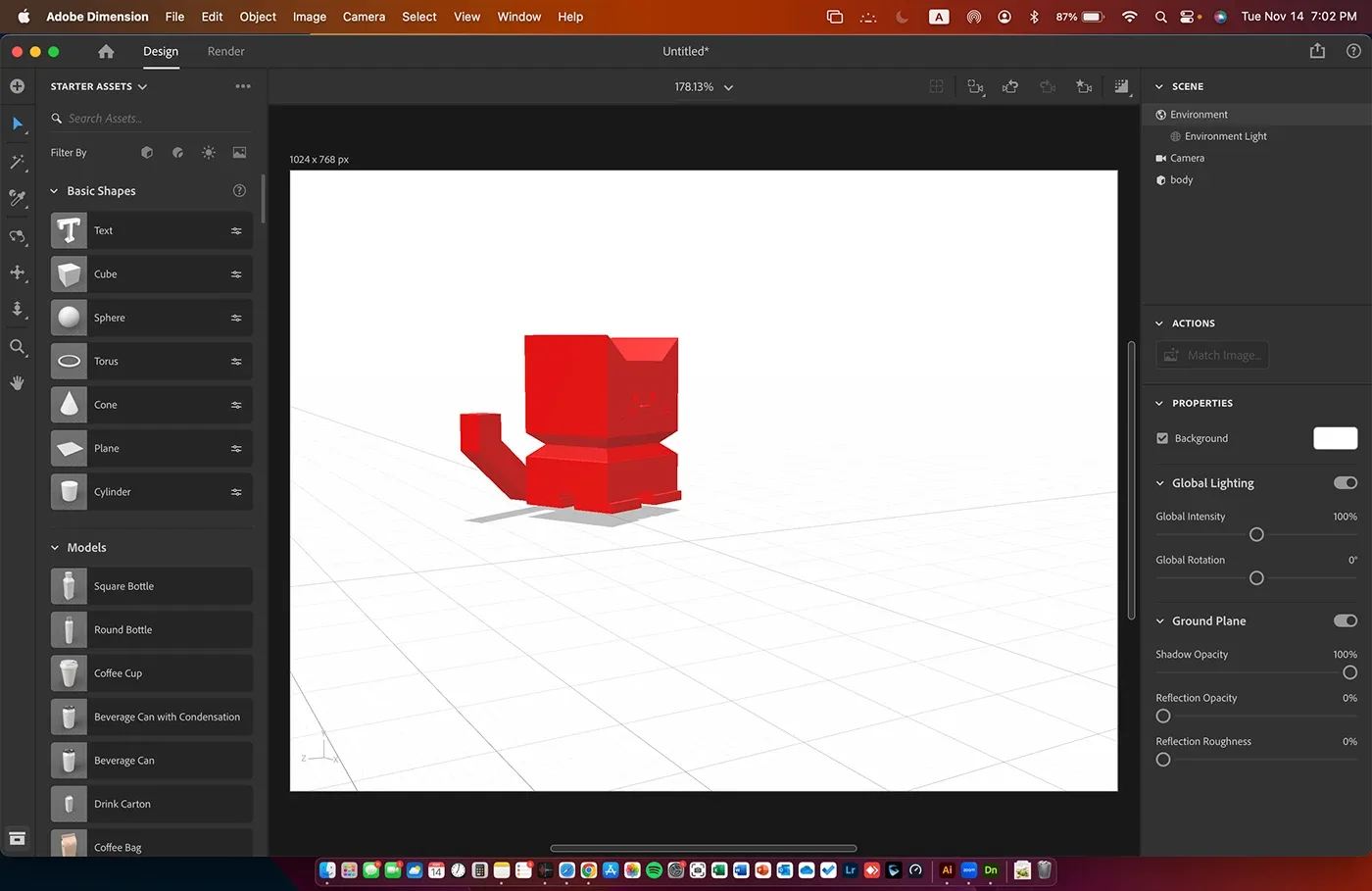 Adobe Dimension screen with a red 3D modeled form