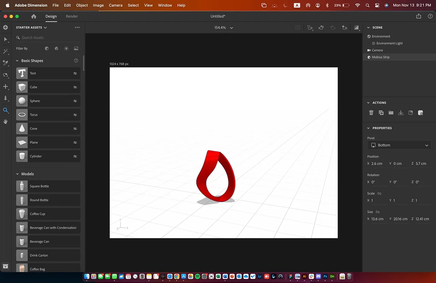 Adobe Dimension screen with a red teardrop-shaped model