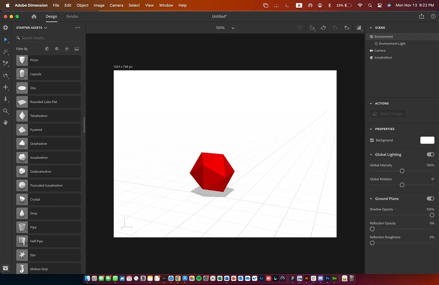 Adobe Dimension screen with a red faceted shape