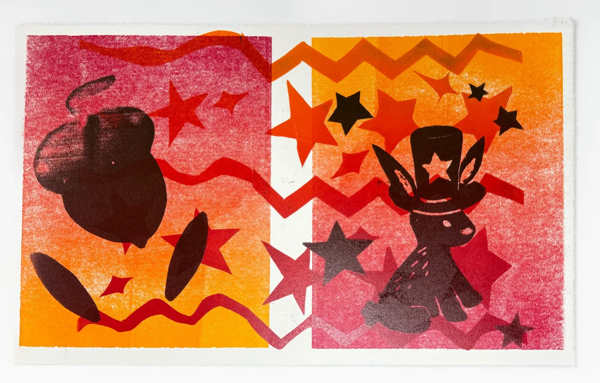 Test print of stars, zigzags and a donkey in a top hat