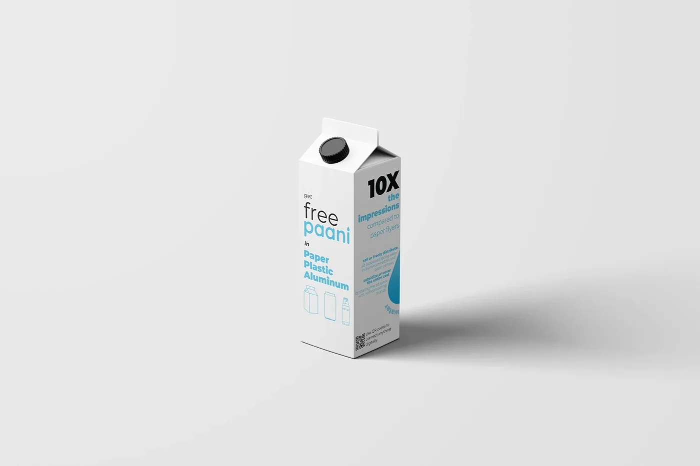 White FreePaani carton with blue "get free paani" type and line icons