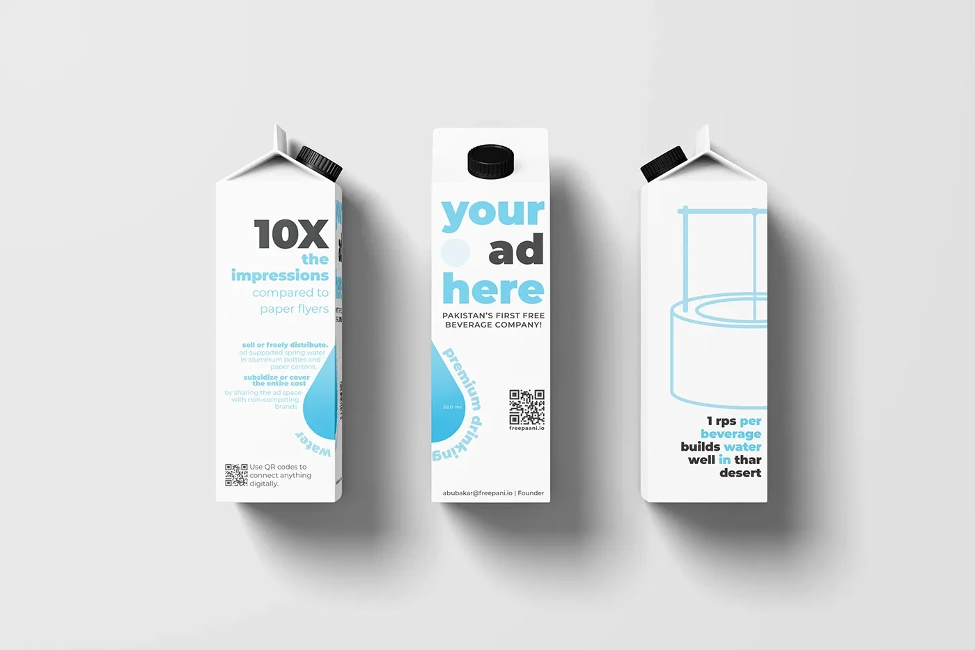 Three FreePaani cartons showing advertiser pitch, "your ad here" and water well panels