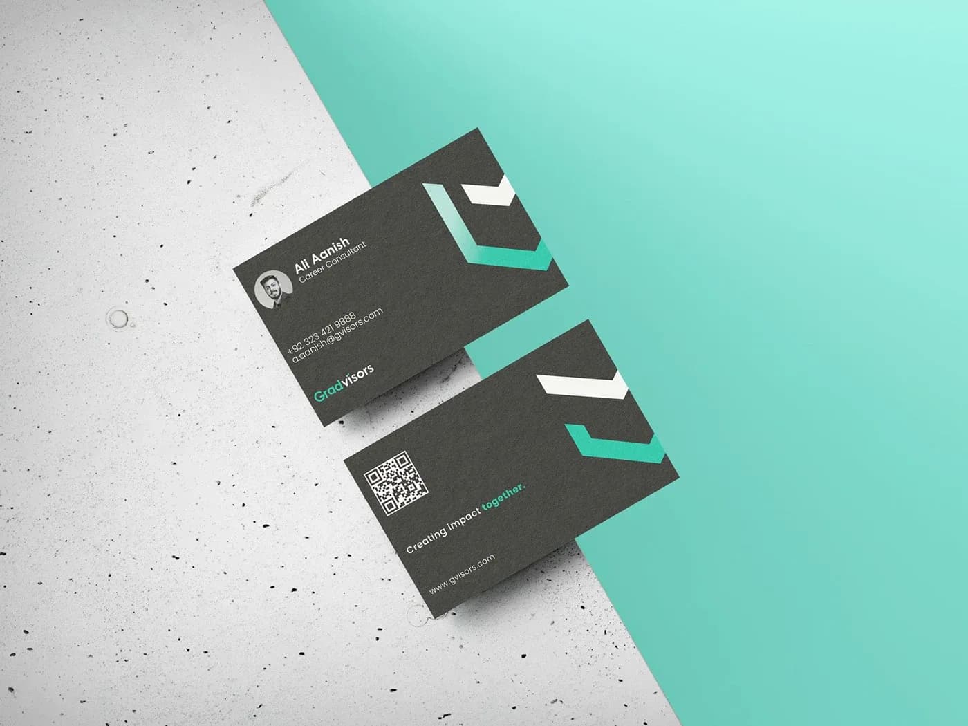 Gradvisors business card front and back for Ali Aanish on concrete and mint