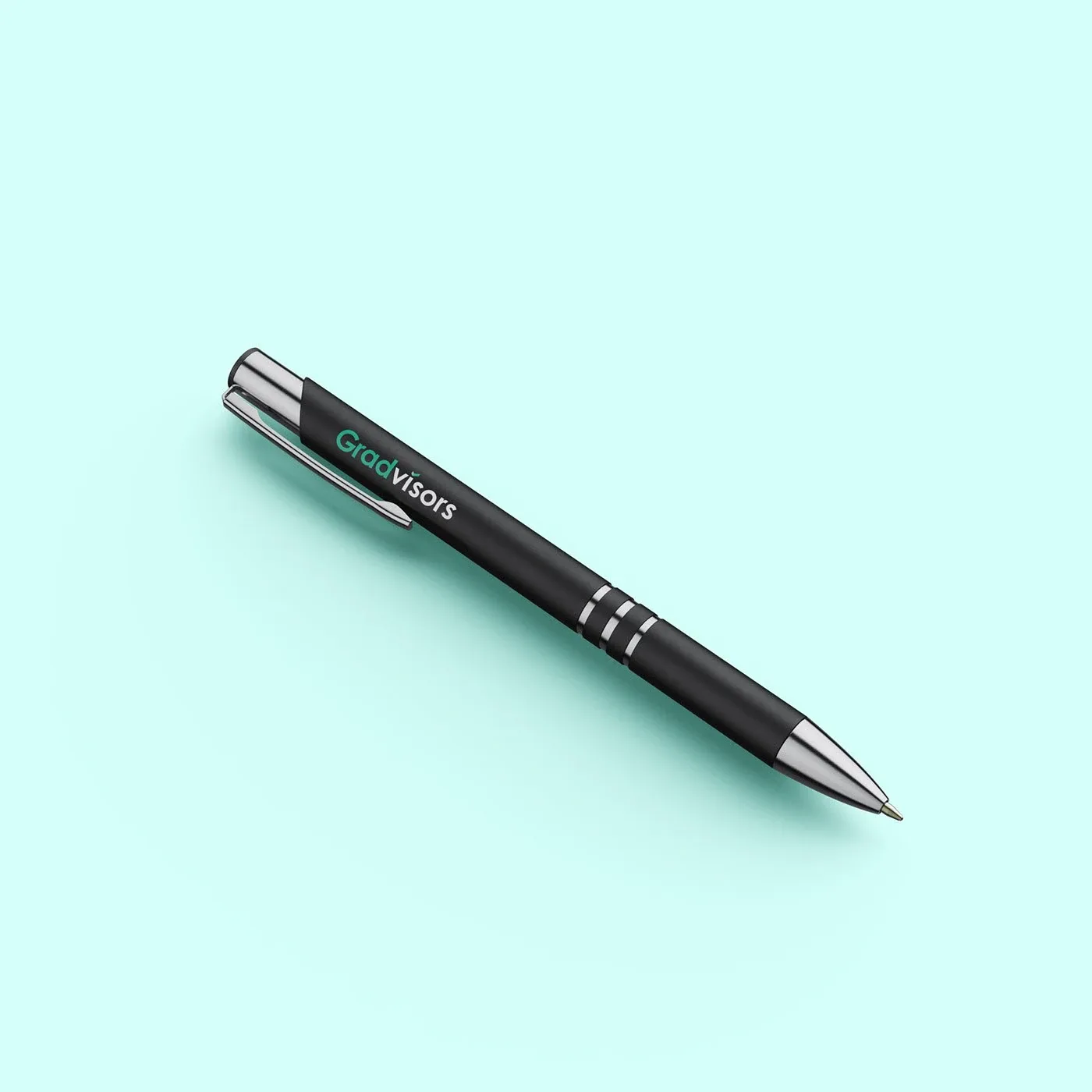 Black pen printed with the Gradvisors wordmark on a mint background