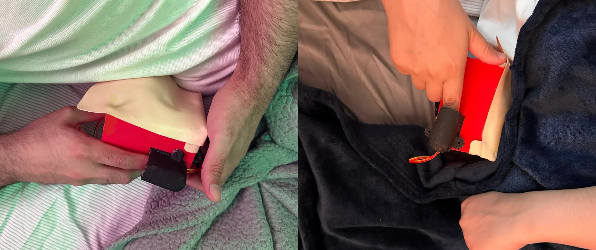 Close-up of hands holding the red pillow prototype