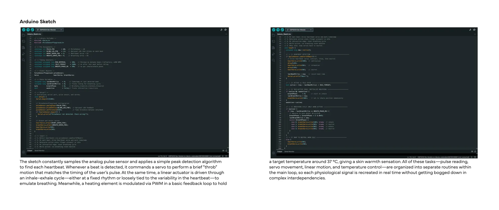 Screenshots of the Arduino code with explanatory captions