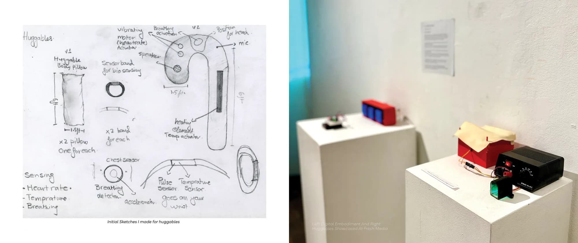 Pencil sketches of the pillow sensors, with the installation on plinths