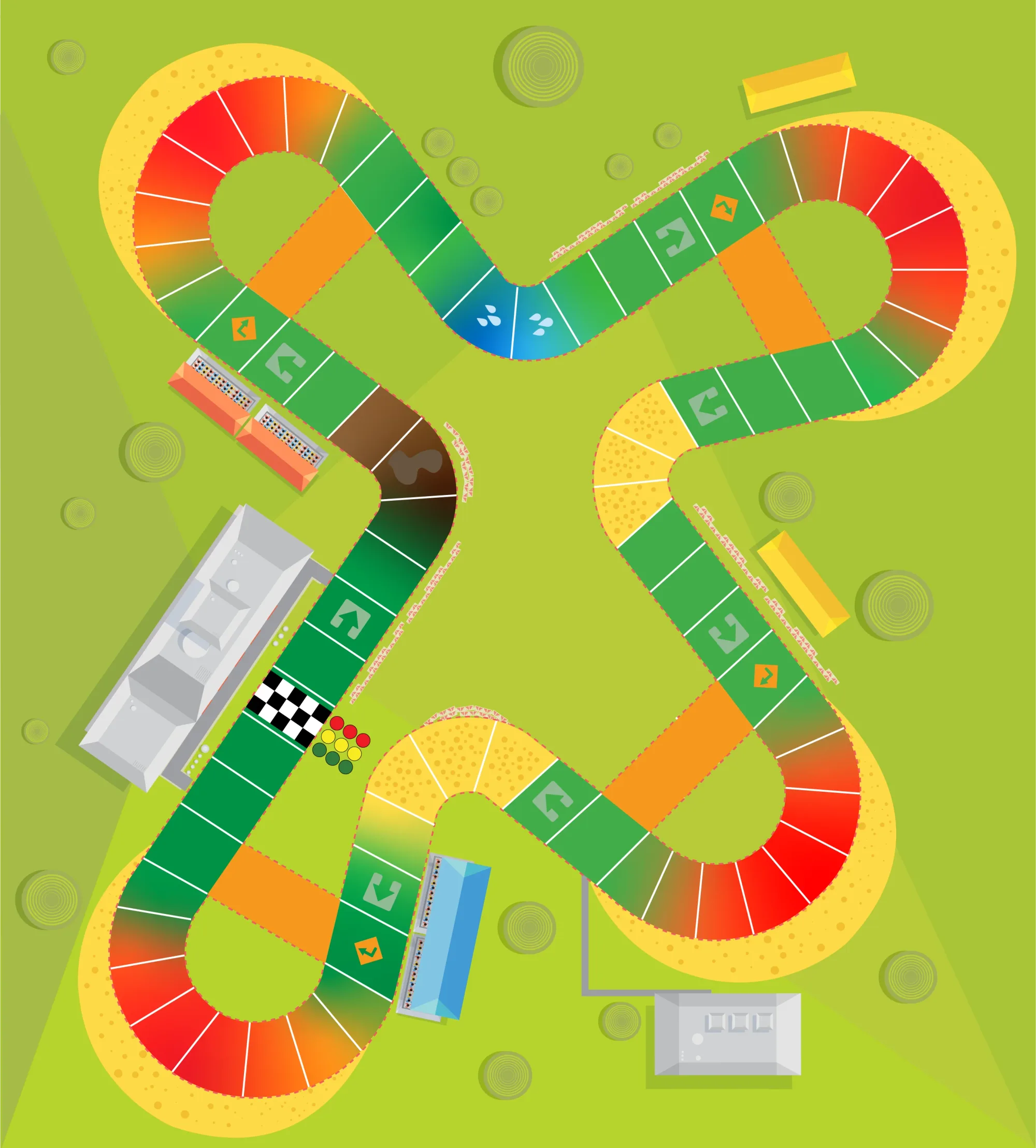 Top-down illustrated J Racers track with colored hazard zones and pit buildings