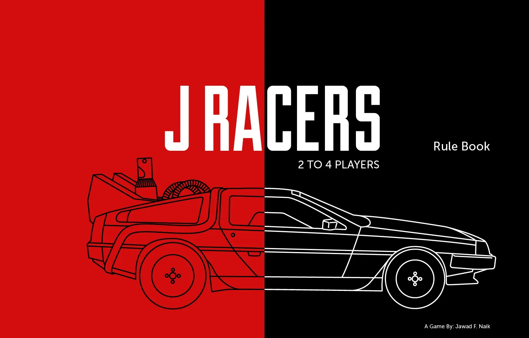 J Racers rule book cover with a split red and black DeLorean drawing