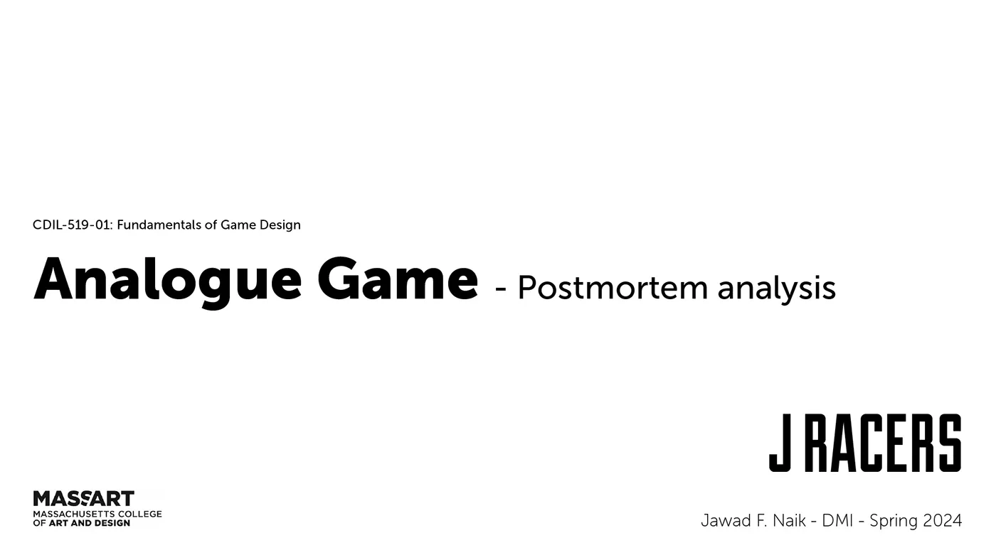 Title slide for the J Racers analogue game postmortem at MassArt