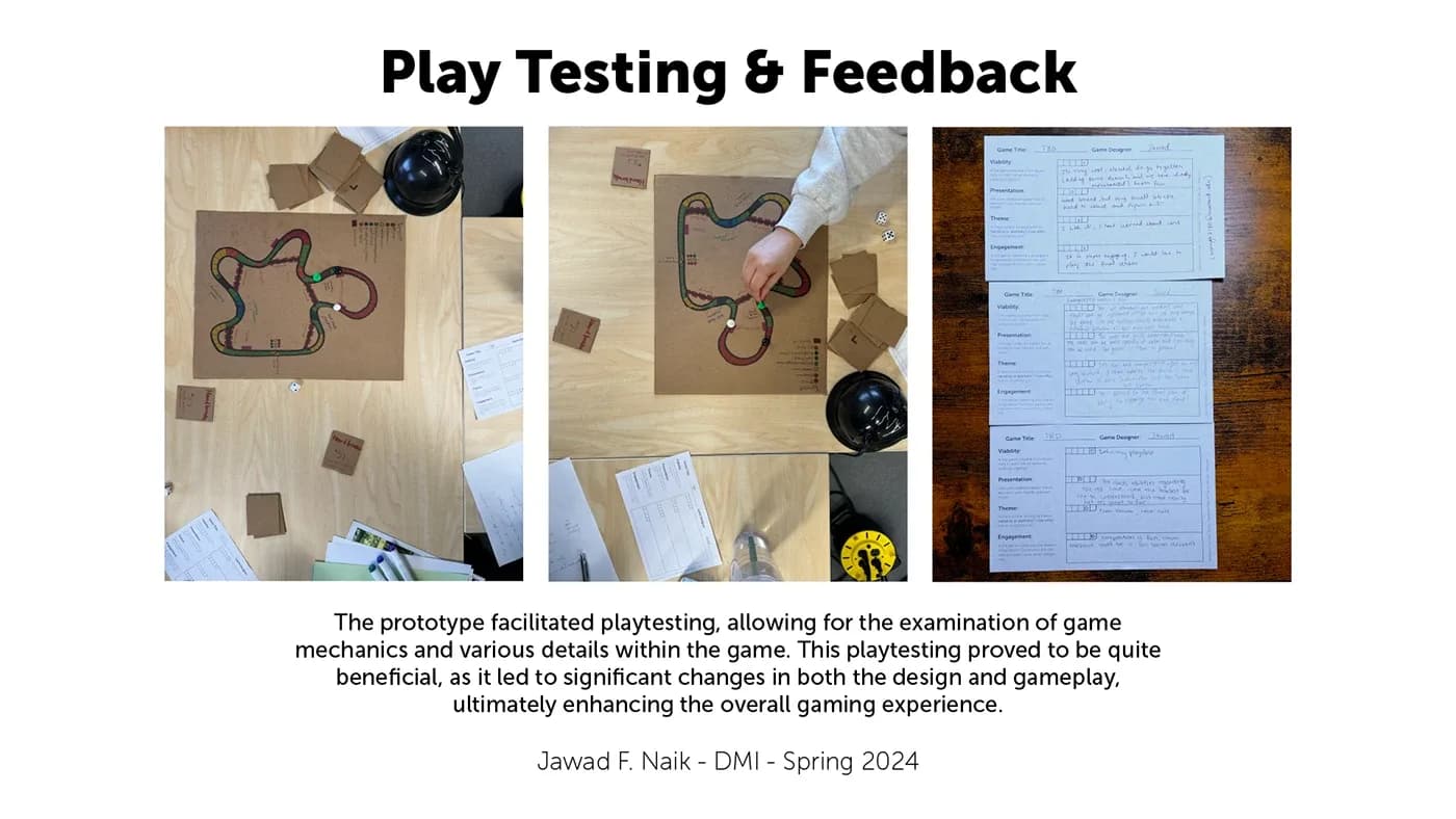 Classmates playtesting the cardboard prototype, with handwritten feedback forms