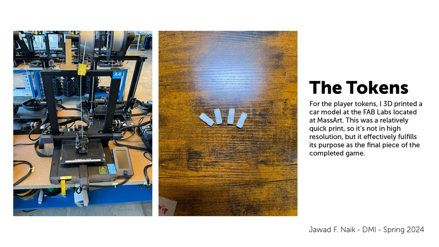 3D printer at the MassArt Fab Lab and four printed car tokens