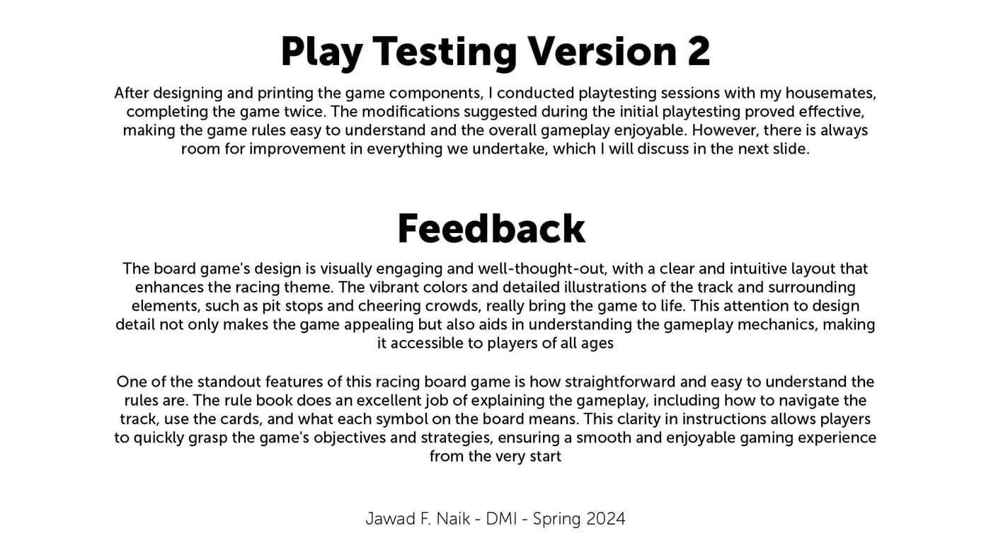 Slide summarizing version 2 playtesting and feedback